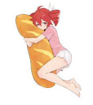 1girl absurdres ahoge barefoot commentary dakimakura_(object) drill_hair full_body hair_between_eyes hair_ribbon highres hugging_object kasane_teto kasane_teto_(sv) looking_at_viewer pillow pink_shirt red_eyes red_hair ribbon shirt shorts simple_background solo synthesizer_v twin_drills utau white_background white_ribbon white_shorts yunibobo