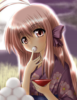 1boy antenna_hair backlighting bow brown_eyes brown_hair commentary_request cup dango eating food full_moon hair_bow japanese_clothes kagura_chitose kimono long_hair looking_at_viewer male_focus moon night night_sky open_mouth original outdoors sakazuki sky solo trap tsukimi tsukimi_dango wagashi