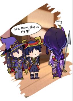 1boy 2girls arm_at_side black_bow black_footwear black_gloves black_hair black_kimono black_shorts black_sleeves blunt_bangs blunt_ends bodystocking bow braid chibi couple crescent crescent_hat_ornament dengjenk english_text fur-trimmed_collar fur_collar fur_trim genshin_impact gloves gold gold_footwear gold_trim grey_leggings hair_between_eyes hair_bow hair_tie han&#039;eri hat hat_ornament hetero highleg highleg_leotard highres holding holding_hands holding_polearm holding_weapon introduction japanese_clothes jewelry jingasa kimono layered_kimono layered_shorts leggings leotard long_hair long_sleeves looking_at_another low-braided_long_hair low-tied_long_hair mona_(genshin_impact) mother_and_son multiple_girls neck_ring no_eyes open_clothes open_kimono pantyhose parted_bangs pink_kimono polearm ponytail_holder purple_hat purple_leotard purple_pantyhose purple_rope purple_sash purple_shorts purple_sleeves raiden_shogun red_hat red_kimono rope sandals sash scaramouche_(genshin_impact) shimenawa short_sleeves shorts shrug_(clothing) sidelocks sketch speech_bubble standing star_(symbol) star_hat_ornament star_print tassel twintails weapon white_kimono white_rope wide_sleeves witch_hat zouri