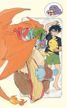 1boy :&lt; absurdres antennae arm_up ash_ketchum bandana bandana_around_neck bird black_hair black_shirt blue_skin brown_feathers bug bulbasaur butterfree closed_eyes colored_skin compound_eyes curled_tail dragon dragon_wings feathers fiery_tail fire flame-tipped_tail from_above frown gen_1_pokemon green_shorts green_skin highres horns insect_wings lying lying_on_pokemon male_focus mane mattress muk multicolored_feathers nintendo on_back orange_horns orange_skin orange_wings p_oxo7 pajamas partially_shaded_face pidgeot pikachu poisoned pokemon pokemon_(anime) pokemon_(classic_anime) pokemon_(creature) pokemon_on_chest purple_skin red_eyes red_feathers shirt short_hair short_sleeves shorts sleeping solid_eyes speech_bubble spiked_hair squirtle sweatdrop tail thought_bubble turtle turtle_shell uncomfortable wings yellow_bandana yellow_feathers yellow_fur