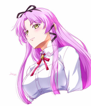 1girl artist_name black_hairband bolo_tie bow breasts curtained_hair eiyuu_densetsu hair_bow hairband kuro_no_kiseki_(series) long_hair long_sidelocks medium_breasts parted_bangs portrait purple_hair red_bolo_tie renne_(eiyuu_densetsu) sidelocks simple_background smile solo upper_body white_background xiacheng_tatsuya yellow_eyes