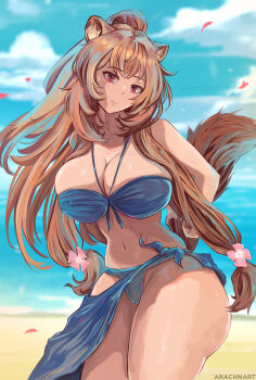 1girl animal_ears arachnart arms_behind_back artist_name beach bikini blue_bikini blue_sarong blue_sky blush breasts brown_hair chest_tattoo cleavage closed_mouth cloud cloudy_sky collarbone commentary cowboy_shot curvy day english_commentary eyelashes falling_petals flower groin hair_flower hair_ornament halterneck highres large_breasts light_smile long_hair looking_at_viewer navel ocean official_alternate_costume outdoors petals pink_flower ponytail raccoon_ears raccoon_girl raccoon_tail raphtalia red_eyes sarong skindentation sky slave_brand solo standing stomach swimsuit tail tate_no_yuusha_no_nariagari tattoo thick_thighs thighs undersized_breast_cup wide_hips