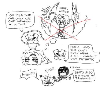 angry artist_self-insert black_hair breasts character_name cloud commentary des_(desvitio) dual_wielding english_commentary english_text frown furrowed_brow glasses holding imagining large_breasts original pants polearm sad short_hair simple_background smile sound_effects standing standing_on_person tears very_short_hair weapon white_background