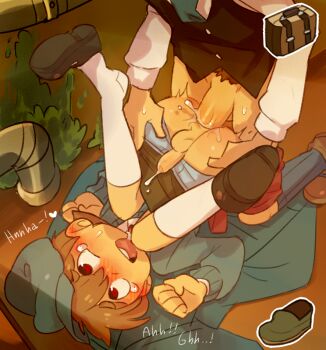 ! !! ... 2boys anal ass blush briefcase brown_hair clothed_sex cum cum_in_ass ejaculation erection handsfree_ejaculation happy happy_sex hat kneehighs long_sleeves luke_triton lying male_focus male_penetrated missionary multiple_boys on_back open_mouth penis professor_layton sex shoes shota socks tears text_focus tnso uncensored yaoi