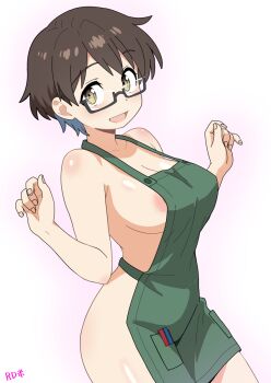 1girl apron areola_slip blue_hair breasts brown_eyes brown_hair commentary_request glasses green_apron highres imari_youko large_breasts multicolored_hair naked_apron rdmai ruri_no_houseki semi-rimless_eyewear short_hair smile solo two-tone_hair under-rim_eyewear