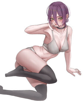 1girl arm_support ass black_choker black_thighhighs bra breasts chainsaw_man choker green_eyes grenade_pin grey_bra grey_panties hair_between_eyes hair_bun highres large_breasts looking_at_viewer panties purple_hair reze_(chainsaw_man) shekisheki15 simple_background solo thighhighs tongue tongue_out underwear white_background