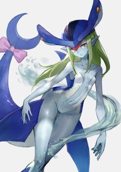 Rule 34 | arcana heart, bow, fish tail, green hair, long hair, pistrix, shark girl, shark tail, tail, yellow eyes