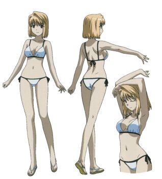 1girl arcueid_brunestud arm_up armpits arms_on_head ass bikini blonde_hair breasts carnival_phantasm cleavage commentary english_commentary hair_between_eyes hair_intakes highres huge_breasts official_alternate_costume official_art one_eye_closed red_eyes reference_sheet sandals short_hair sideboob sidelocks smile stretching swimsuit thighhighs third-party_source tsukihime white_bikini