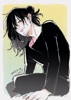 1boy absurdres aizawa_shota beard black_hair black_pants black_shirt boku_no_hero_academia closed_mouth collarbone commentary_request cropped_legs dated eyelashes eyepatch facial_hair hair_bun highres invisible_chair light_smile long_sleeves male_focus one_eye_covered pants shirt single_hair_bun sitting solo ymtyamo