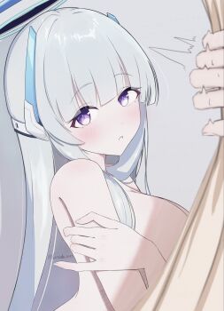 1girl blue_archive blush breasts commentary_request halo haruka2485 highres large_breasts long_hair looking_at_viewer noa_(blue_archive) nude purple_eyes twitter_username white_hair