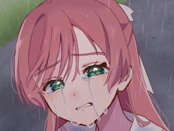 1girl blush bow commentary crying crying_with_eyes_open dress grass green_eyes hair_bow half_updo hikota. hirogaru_sky!_precure long_hair nijigaoka_mashiro open_mouth path pink_hair precure rain road solo tears two-tone_dress upper_body white_bow