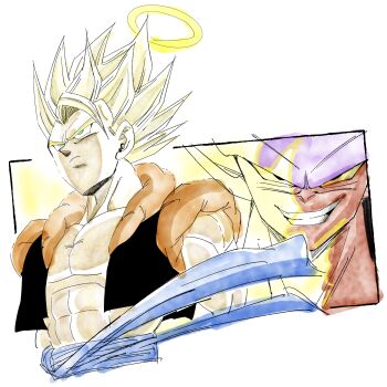 Rule 34 | 1rasutotoukou, 2boys, absurdres, black vest, blonde hair, blue sash, colored sclera, colored skin, dragon ball, dragonball z, gogeta, green eyes, halo, highres, janemba, male focus, medium hair, multiple boys, muscular, muscular male, no shirt, parted lips, red skin, sash, smirk, spiked hair, super saiyan, super saiyan 1, upper body, vest, yellow halo, yellow sclera