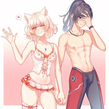 1boy 1girl animal_ears aqing_1229 bikini bikini_skirt black_hair blush bulge cat_ears chest_jewel commentary couple cum cum_in_mouth english_commentary grey_hair heart heavy_breathing highres holding_hands implied_after_sex licking_lips male_swimwear microskirt mio_(xenoblade) noah_(xenoblade) official_alternate_costume one_eye_closed ponytail pussy_juice pussy_juice_trail revision skirt spoken_heart sweat swimsuit thighs tongue tongue_out topless_male waving xenoblade_chronicles_(series) xenoblade_chronicles_3