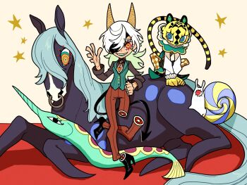 1girl 1other animal brown_shirt demon_girl demon_tail eyepatch fangs full_body furry goat_horns hand_on_own_hip hand_up highres horns horse long_hair looking_at_viewer momomo_906 multicolored_eyes original red_eyes severed_leg severed_limb shirt tail vest white_hair yellow_eyes
