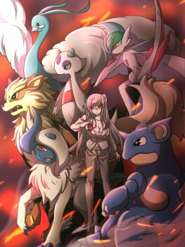 Rule 34 | 1girl, absol, altaria, alternate costume, alternate hairstyle, arcanine, breasts, cleavage, crossover, danganronpa (series), danganronpa 2: goodbye despair, danganronpa 3 (anime), fire, froslass, gallade, gen 1 pokemon, gen 3 pokemon, gen 4 pokemon, glasses, high heels, highres, holding, holding poke ball, jacket, large breasts, long hair, long sleeves, midriff, nidoqueen, nintendo, official alternate costume, pants, pekoyama peko, poke ball, pokemon, white jacket, white pants, zi huahuo