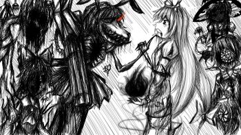 6+girls animal_ears arm_cannon arm_up armor ascot back_spikes black_fire blood blood_from_mouth blouse body_horror bound bow buttons claws clenched_teeth commentary detached_sleeves extra_eyes eyeball fire frilled_bow frilled_hair_tubes frilled_shirt_collar frills frog_hair_ornament from_side fujiwara_no_mokou furrowed_brow gatling_gun hair_bow hair_ornament hair_tubes hairband hakurei_reimu hand_on_another&#039;s_chin hat hat_bow hatching_(texture) heart_button herushiart holding holding_rope hollow_eyes horror_(theme) injury kamishirasawa_keine kirisame_marisa kochiya_sanae komeiji_satori limited_palette long_hair long_sleeves looking_at_another minigun monster monster_girl multiple_girls no_mouth ofuda ofuda_on_clothes open_mouth pants pyrokinesis rabbit_ears rabbit_tail red_eyes reisen_udongein_inaba rope scowl shaded_face sharp_teeth shirt signature simple_background skeletal_arm skirt smile snake_hair_ornament spanish_commentary spiral suspenders tail teeth third_eye tied_up_(nonsexual) torn_clothes torn_sleeves touhou touhou_igyoukyo variant_keine variant_marisa variant_reimu variant_reisen variant_sanae variant_satori vertical_mouth very_long_hair weapon witch_hat yin_yang