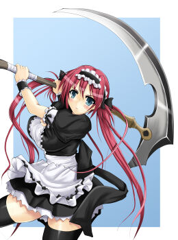 Rule 34 | air3636, airi (queen's blade), blue eyes, breasts, large breasts, long hair, maid, maid headdress, queen's blade, red hair, ribbon, scythe, thighhighs, twintails