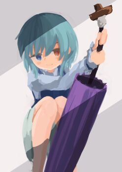 1girl blue_eyes blue_hair blue_skirt blue_vest blush closed_mouth closed_umbrella commentary garakuraku hashtag-only_commentary heterochromia highres holding holding_umbrella kogasa_day long_sleeves purple_umbrella red_eyes skirt smile solo squatting tatara_kogasa touhou umbrella vest