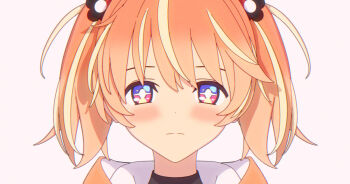 +_+ 1girl 3d blender_(medium) blonde_hair bright_pupils cel_rendering closed_mouth commentary dot_nose english_commentary expressionless flower hair_flower hair_ornament hood hood_down hoodie looking_at_viewer medium_hair mixed-language_commentary multicolored_eyes multicolored_hair orange_hair orange_hoodie pink_eyes portrait purple_eyes rinne_(rinrinne) rinrinne rinrinne39_(artist) simple_background solo split_mouth straight-on streaked_hair two_side_up virtual_youtuber white_background white_pupils