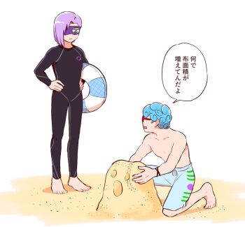 2boys barefoot beach blue_hair bodysuit bracelet commentary_request curly_hair diving_suit domino_mask eye_mask full_body ghiaccio green_eyes hands_on_own_hips holding holding_swim_ring innertube jewelry jojo_no_kimyou_na_bouken kome_jo male_focus male_swimwear mask melone metallica multiple_boys on_one_knee open_mouth purple_hair red-framed_eyewear sand sand_sculpture short_hair swim_ring topless_male translation_request vento_aureo wetsuit