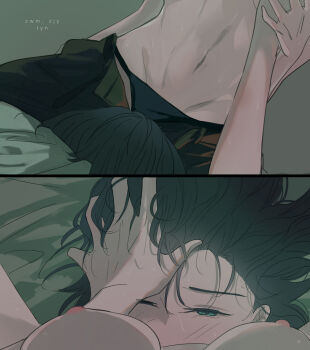 2girls aqua_eyes black_hair black_panties black_pants blush breasts commentary female_pov grabbing_another&#039;s_breast groping guided_breast_grab guiding_hand hand_on_another&#039;s_head highres long_hair medium_breasts multiple_girls nipples on_bed one_eye_closed original ossan_jololol panties pants pov sitting sitting_on_face sitting_on_person underwear yuri