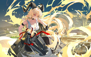 1girl absurdres ahoge arm_support bare_shoulders black_choker black_gloves black_horns black_pants blonde_hair breasts bright_pupils choker cleavage collarbone commentary curled_horns gloves greatsword hair_between_eyes high-waist_pants highres horns large_breasts liwen520 long_hair looking_at_viewer pants red_eyes shirt shirt_tucked_in solo sword torn_clothes torn_shirt weapon white_pupils white_shirt wuthering_waves zani_(wuthering_waves)