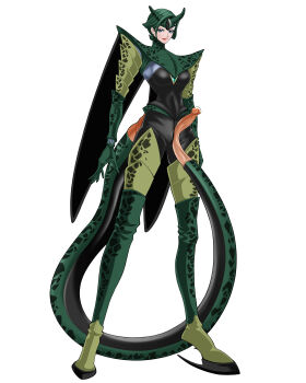 1girl absurdres android boots breasts cell_(dragon_ball) cell_(dragon_ball)_(cosplay) commentary cosplay dragon_ball futanari gloves green_hair highres leather leather_pants nagaomono original pants penis self-upload simple_background solo tail