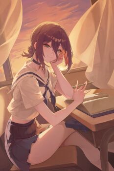 1girl absurdres black_choker black_skirt book chainsaw_man choker closed_mouth curtains desk et0 green_eyes grenade_pin hair_between_eyes highres holding holding_pencil miniskirt open_book pencil purple_hair reze_(chainsaw_man) sailor_collar school_desk school_uniform serafuku shirt sitting skirt smile solo white_sailor_collar white_shirt window