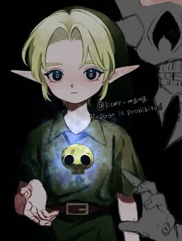 Rule 34 | 1boy, belt buckle, black background, blonde hair, buckle, commentary request, green hat, green tunic, hat, highres, ktmr mgmg, link, looking at viewer, male focus, nintendo, parted bangs, parted lips, phrygian cap, pointy ears, short hair, short sleeves, sidelocks, sketch, skull, solo, the legend of zelda, the legend of zelda: majora's mask, tunic, twitter username, upper body