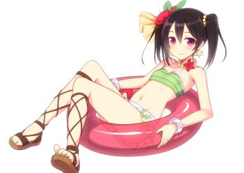 10s 1girl bare_shoulders bikini bikini_skirt black_hair blush bracelet cross-laced_footwear cross-laced_sandals earrings feet female_focus flat_chest flower hair_flower hair_ornament hiraga_matsuri hirasato innertube jewelry love_live! love_live!_school_idol_project nail_polish natsuiro_egao_de_1_2_jump! navel necklace pink_eyes platform_sandals sandals smile solo star_(symbol) star_earrings swim_ring swimsuit toenail_polish toenails toes twintails white_background yazawa_nico
