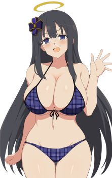 1girl :d absurdres bikini black_hair blue_bikini blue_eyes breasts cleavage commentary_request floating floating_object groin hair_ornament halo highres large_breasts long_hair looking_at_viewer manjou_(q_tiwj) navel open_mouth ryouki_(senran_kagura) senran_kagura smile solo swimsuit traditional_halo very_long_hair waving yellow_halo
