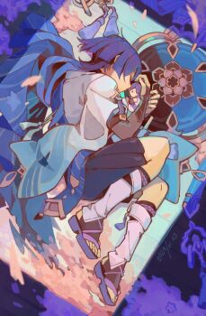 Rule 34 | 1boy, animal print, armor, artist name, bird print, black bridal gauntlets, black leggings, black shorts, blue cape, blue hat, blue sleeves, bridal gauntlets, cape, curled up, dated, doll, evercelle, facing to the side, falling petals, fetal position, fingernails, furisode, genshin impact, gold, hakama, hakama shorts, hands up, hat, highres, holding, holding doll, japanese armor, japanese clothes, jingasa, kimono, kote, kurokote, layered sleeves, leg warmers, leggings, lying, male focus, mandala, on side, petals, pink petals, pleated shorts, purple rope, purple sandals, rope, sandals, scaramouche (genshin impact), short sleeves, shorts, sleeping, solo, stirrup legwear, stuffed toy, tassel, toeless legwear, toenails, toes, unconscious, unworn headwear, wanderer (genshin impact), white kimono, white leg warmers, white sleeves, zouri