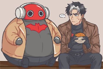 ... 1boy bat_signal batman_(series) batman_symbol black_bodysuit black_gloves black_hair blue_eyes bodysuit brown_jacket burger character_doll dc_comics doll food gloves grey_bodysuit highres holding holding_burger holding_food jacket jason_todd male_focus mask multicolored_bodysuit muscular muscular_male open_clothes pants red_hood_(dc) red_hood_and_the_outlaws red_mask seajelllies short_hair stuffed_toy superhero_costume taut_bodysuit two-tone_bodysuit