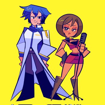 1boy 1girl belt black_belt black_boots black_eyes blue_eyes blue_hair blue_scarf boots breasts bright_pupils brown_boots brown_hair cleavage closed_mouth coat corrupted_twitter_file gloves grey_gloves grey_pants hand_on_own_hip headphones highres holding holding_microphone holding_microphone_stand kaito_(vocaloid) large_breasts looking_at_viewer meiko_(vocaloid) microphone microphone_stand midriff navel open_mouth pants rainelyn00 red_skirt scarf short_hair simple_background skirt smile smug toon_(style) triangle_mouth very_short_hair white_coat white_pupils yellow_background yellow_trim