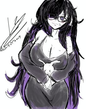 absurdres black_hair breasts curvy dress glasses goddess_of_victory:_nikke highres label_(nikke) large_breasts low-cut luzennon multicolored_hair purple_hair self-upload sketch streaked_hair stuffed_animal stuffed_rabbit stuffed_toy sweat