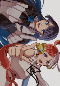 2girls ado_(utaite) behind-the-head_headphones black_bow black_bowtie black_ribbon blue_eyes blue_hair bow bowtie chando_(ado) colored_inner_hair commentary film_grain gloves headphones highres keeko_(kk_0012) low_twintails mole mole_under_eye multicolored_hair multiple_girls neck_ribbon one_piece one_piece_film:_red open_mouth pointing pointing_at_viewer purple_eyes red_hair ribbon shirt sideways split-color_hair twintails upper_body uta_(one_piece) utaite voice_actor_connection white_gloves white_hair white_shirt