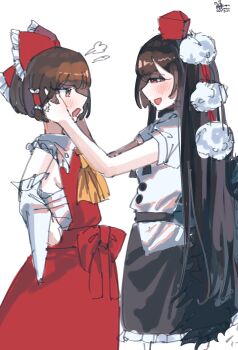 Rule 34 | 2girls, alternate hair length (longer), artist logo, ascot, black hair, black skirt, bow, brown eyes, brown hair, commentary request, detached sleeves, frilled bow, frilled hair tubes, frilled skirt, frills, hair bow, hair tubes, hakurei reimu, hat, highres, logo, long hair, looking at another, militantan203, multiple girls, nontraditional miko, pom pom (clothes), red bow, red eyes, red hat, red shirt, red skirt, sarashi, shameimaru aya, shirt, short hair, simple background, skirt, sleeveless, sleeveless shirt, tokin hat, touhou, white background, white shirt, yellow ascot