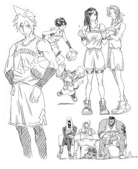 200_percent 3girls 6+boys aerith_gainsborough ball barret_wallace basketball_(object) basketball_uniform bench cait_sith_(final_fantasy) cat cid_highwind cigarette cloud_strife crossed_arms crown dribbling_(basketball) earrings final_fantasy final_fantasy_vii hair_ribbon highres holding holding_pom_poms jewelry long_hair mini_crown multiple_boys multiple_girls on_bench playing_sports pom_pom_(cheerleading) pom_poms ponytail red_xiii ribbon shoes single_earring sitting smoking sneakers spiked_hair sportswear tattoo tifa_lockhart towel towel_on_head vincent_valentine yuffie_kisaragi