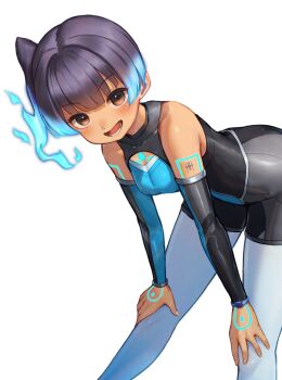1girl ass blue_hair breasts brown_eyes cropped dark-skinned_female dark_skin elbow_gloves gloves hakusai_(hksicabb) hands_on_own_knees looking_at_viewer lower_teeth_only medium_hair sena_(xenoblade) side_ponytail sleeveless swimsuit teeth xenoblade_chronicles_(series) xenoblade_chronicles_3