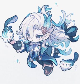 1boy black_gloves black_jacket black_pants black_shoes blue_eyes bright_pupils chibi chibi_only closed_mouth commentary frilled_sleeves frills full_body genshin_impact gloves hair_between_eyes harukui jacket long_hair long_sleeves male_focus neuvillette_(genshin_impact) pants shoes simple_background smile solo white_background white_hair white_pupils