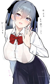 1girl black_bra black_skirt blush bow bowtie bra bra_visible_through_clothes breasts button_gap grey_eyes grey_hair hair_ribbon kanzaki_muyu large_breasts long_hair long_sleeves looking_at_viewer open_mouth original pleated_skirt red_bow red_bowtie ribbon school_uniform see-through_clothes see-through_shirt shirt skirt smile solo sweat translation_request twintails underwear white_shirt