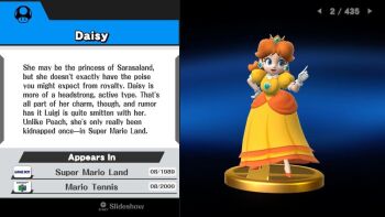 Rule 34 | 1girl, blue eyes, breasts, brown hair, chest jewel, crown, dress, earrings, flower earrings, full body, gloves, grin, hand on own hip, high heels, jewelry, mario (series), nintendo, official art, orange dress, princess daisy, smile, super mario land, super smash bros., trophy