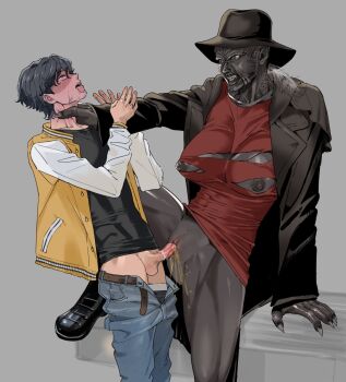 asphyxiation breasts erection femdom genderswap genderswap_(mtf) grey_background hat hetero highres jeepers_creepers large_breasts monster_girl pee peeing qopqop rape strangling the_creeper_(jeepers_creepers) ugly_woman vaginal