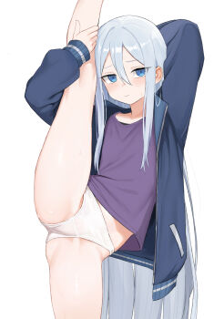 1girl absurdres blue_eyes blush grey_hair groin_tendon highres jacket loli long_hair looking_at_viewer midriff_peek panties project_sekai shenqi_xiaohuang shirt solo split standing standing_on_one_leg standing_split sweatdrop underwear very_long_hair white_panties yoisaki_kanade