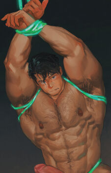 1boy abs armpit_hair bara bdsm biceps black_hair blue_eyes bondage bound broad_shoulders captured chest_hair clark_kent clenched_teeth completely_nude dc_comics highres hoonzino huge_pectorals kryptonite looking_at_viewer male_focus muscular muscular_arms nipples nude penis penis_peek restrained solo stomach_hair superman superman_(series) teeth wet wet_hair