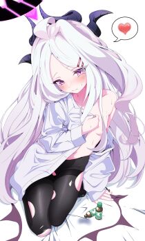 Rule 34 | 1girl, absurdres, ahoge, black halo, black pantyhose, blue archive, blush, breasts, commentary request, demon girl, demon horns, demon wings, embarrassed, halo, heart, highres, hina (blue archive), horns, long hair, looking at viewer, low wings, nose blush, pantyhose, purple eyes, rei hinasuki, shirt, sitting, sma, small breasts, torn clothes, torn pantyhose, very long hair, white hair, white shirt, wings