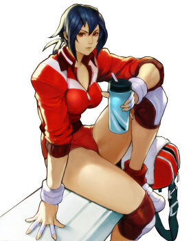 Rule 34 | 1girl, absurdres, ayuhara natsu, backlighting, bag, bandaged fingers, bandages, black hair, bottle, breasts, brown eyes, cleavage, commentary, duffel bag, english commentary, gym shorts, highres, jacket, justice gakuen, kim sung hwan, knee pads, large breasts, leg up, lips, long legs, looking at viewer, low ponytail, nose, parted lips, pinky out, ponytail, red jacket, red shorts, shiritsu justice gakuen, shoes, shorts, sitting, sleeves pushed up, sneakers, solo, thighs, towel, water bottle, white background, white shoes, wristband, zipper pull tab