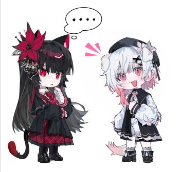 ... 2girls :d animal_ears beret black_hair black_hat cat_ears cat_girl cat_tail chibi chibi_only chinese_commentary commentary_request dog_ears dog_girl dog_tail fang flower full_body gradient_hair hair_flower hair_ornament hat highres kemonomimi_mode lnyulingyu77609 long_hair long_sleeves looking_at_viewer mahou_shoujo_no_majo_saiban multicolored_hair multiple_girls necktie nikaido_hiro notice_lines open_mouth pink_eyes red_eyes red_flower red_necktie sakuraba_ema short_hair simple_background smile spoken_ellipsis standing tail white_background white_flower white_hair x_hair_ornament
