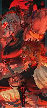 2boys cape colored_tips demon_slayer_uniform flame_print haori highres japanese_clothes kimetsu_no_yaiba male_focus mask multicolored_hair multiple_boys print_cape rengoku_senjurou uzui_tengen white_cape yofu_(0042_2400)