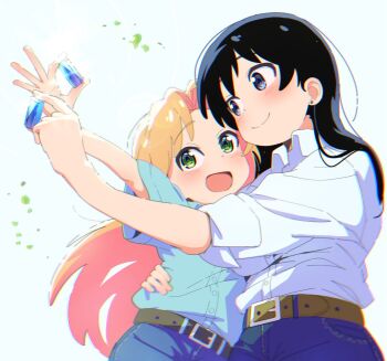 2girls arato_nagi belt black_hair blonde_hair blue_eyes blue_gem blue_pants blush breasts collared_shirt commentary denim earrings falling_leaves gem green_eyes hand_on_another's_waist highres holding holding_gem jeans jewelry leaf long_hair multiple_girls nazonaji open_mouth outstretched_arm pants ruri_no_houseki shirt short_sleeves simple_background sleeves_rolled_up smile sparkle stud_earrings tanigawa_ruri untranslatable_commentary white_shirt yuri